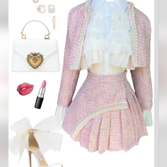 Set Chanelish Le Rose Pink Tweed Jacket And Skirt - Picture 16 of 16